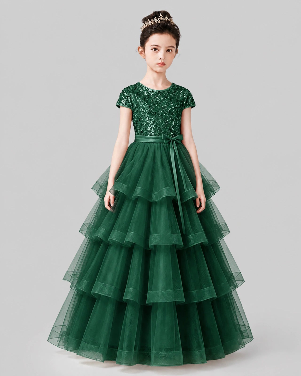 Dark Green Tulle Ball Gown Pageant Dress Front View