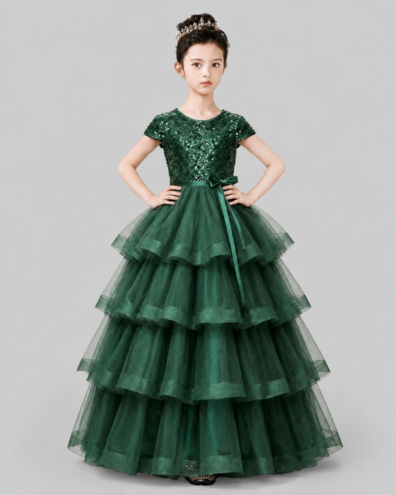 Dark Green Tulle Ball Gown Pageant Dress Front View