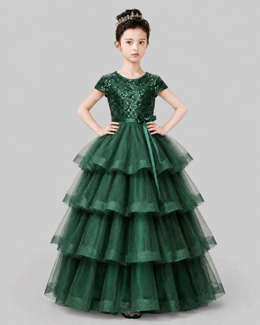 Dark Green Tulle Ball Gown Pageant Dress Front View