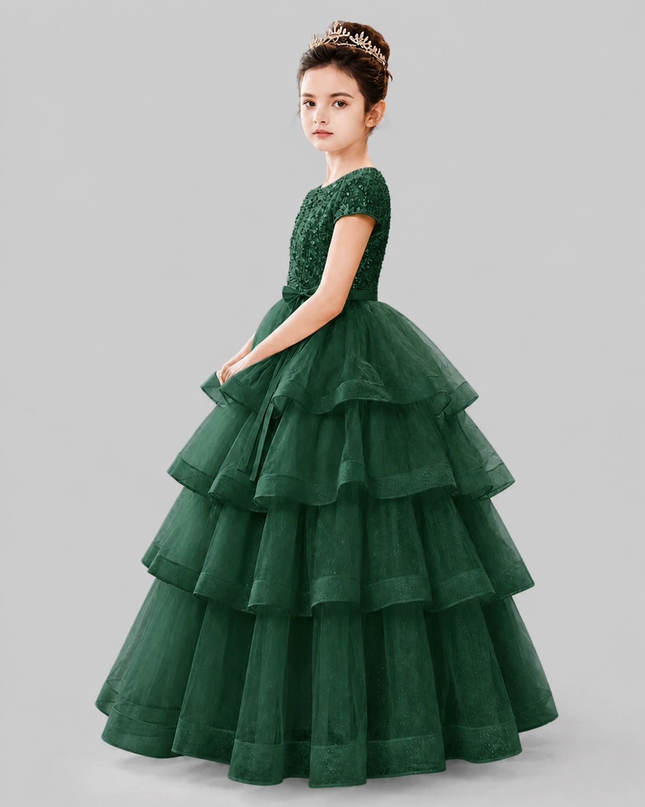 Dark Green Tulle Ball Gown Pageant Dress Side View