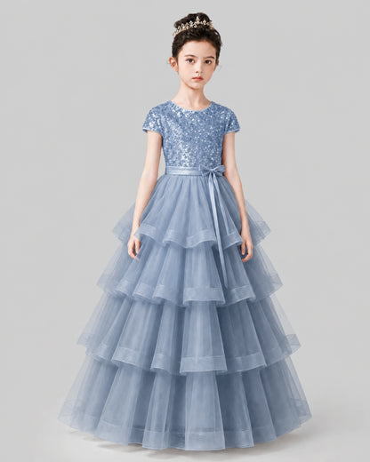 Dusty Blue Tulle A-line Pageant Dress Front View