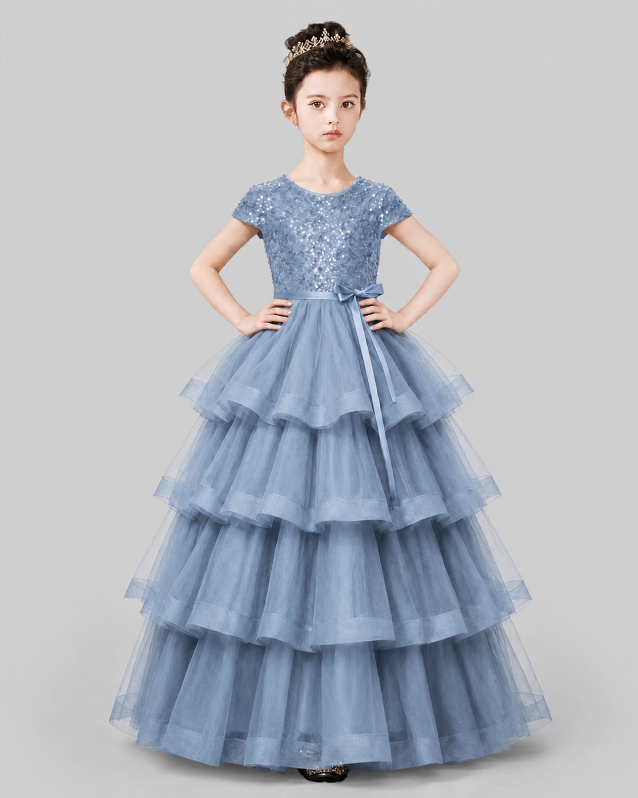 Dusty Blue Tulle Ball Gown Pageant Dress Front View