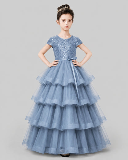 Dusty Blue Tulle Ball Gown Pageant Dress Front View