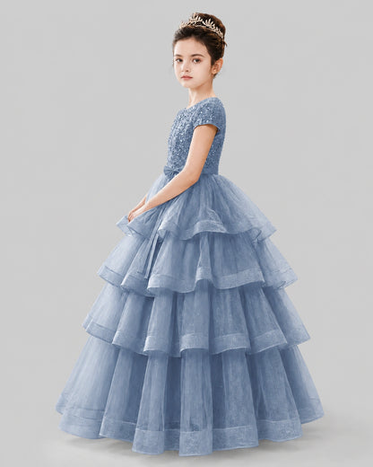 Dusty Blue Tulle Ball Gown Pageant Dress Side View