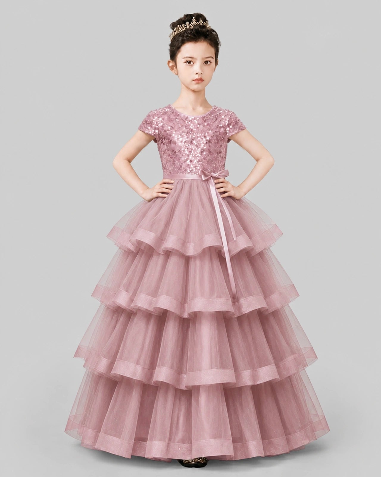 Dusty Rose Tulle Ball Gown Pageant Dress Front View