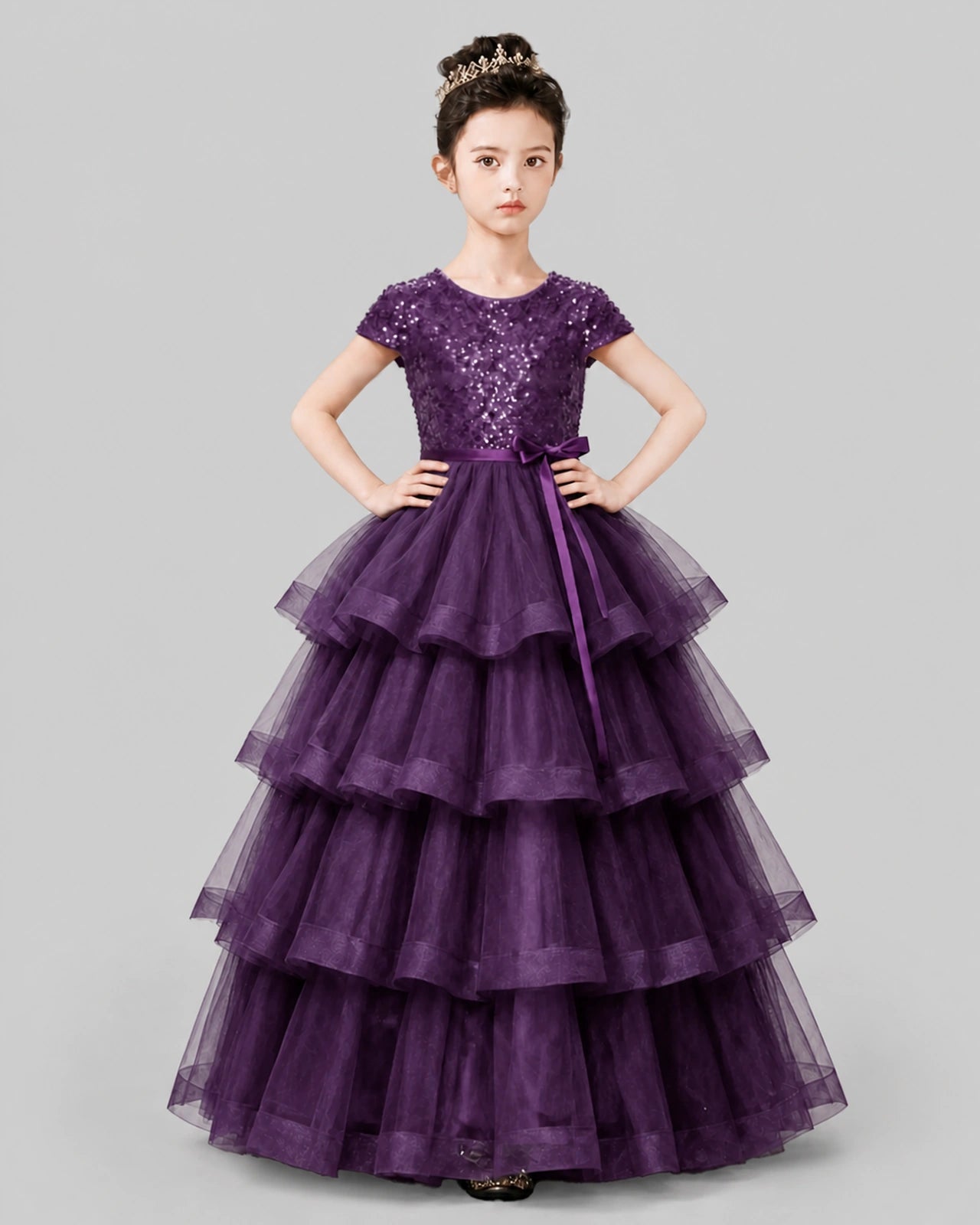 Dideyttawl Pageant Dress with Sequin Bodice and Tiered Tulle Ball Gown Skirt Image principale du produit