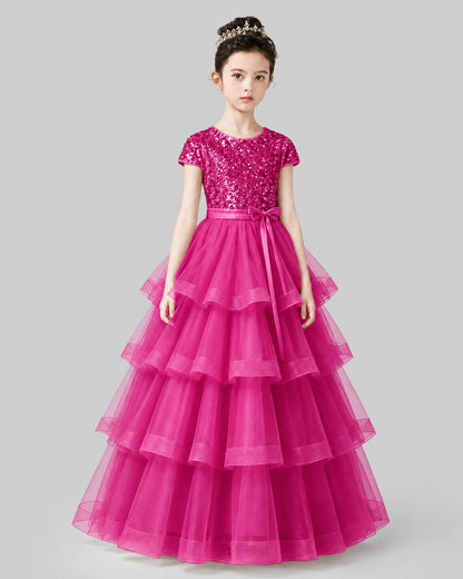Hot Pink Tulle Ball Gown Pageant Dress Front View