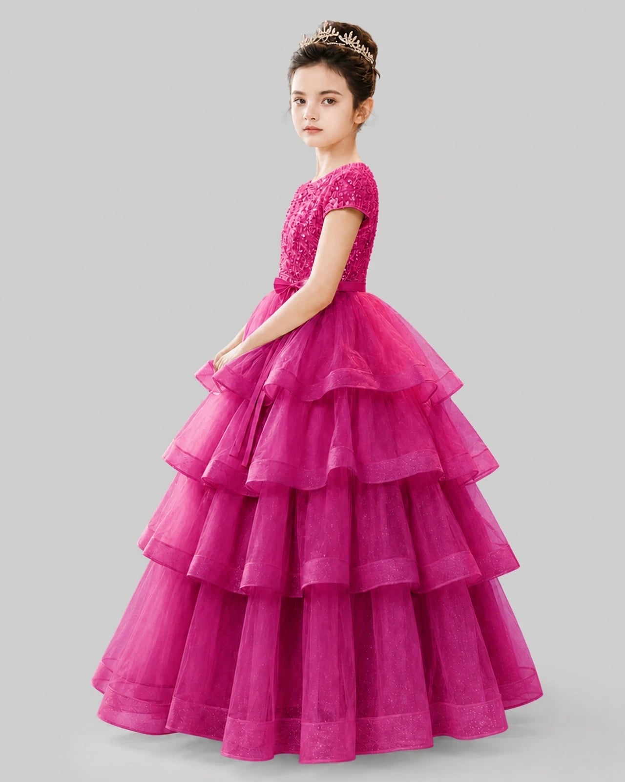Hot Pink Tulle Ball Gown Pageant Dress Side View