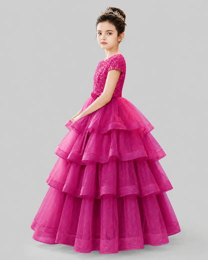 Hot Pink Tulle Ball Gown Pageant Dress Side View