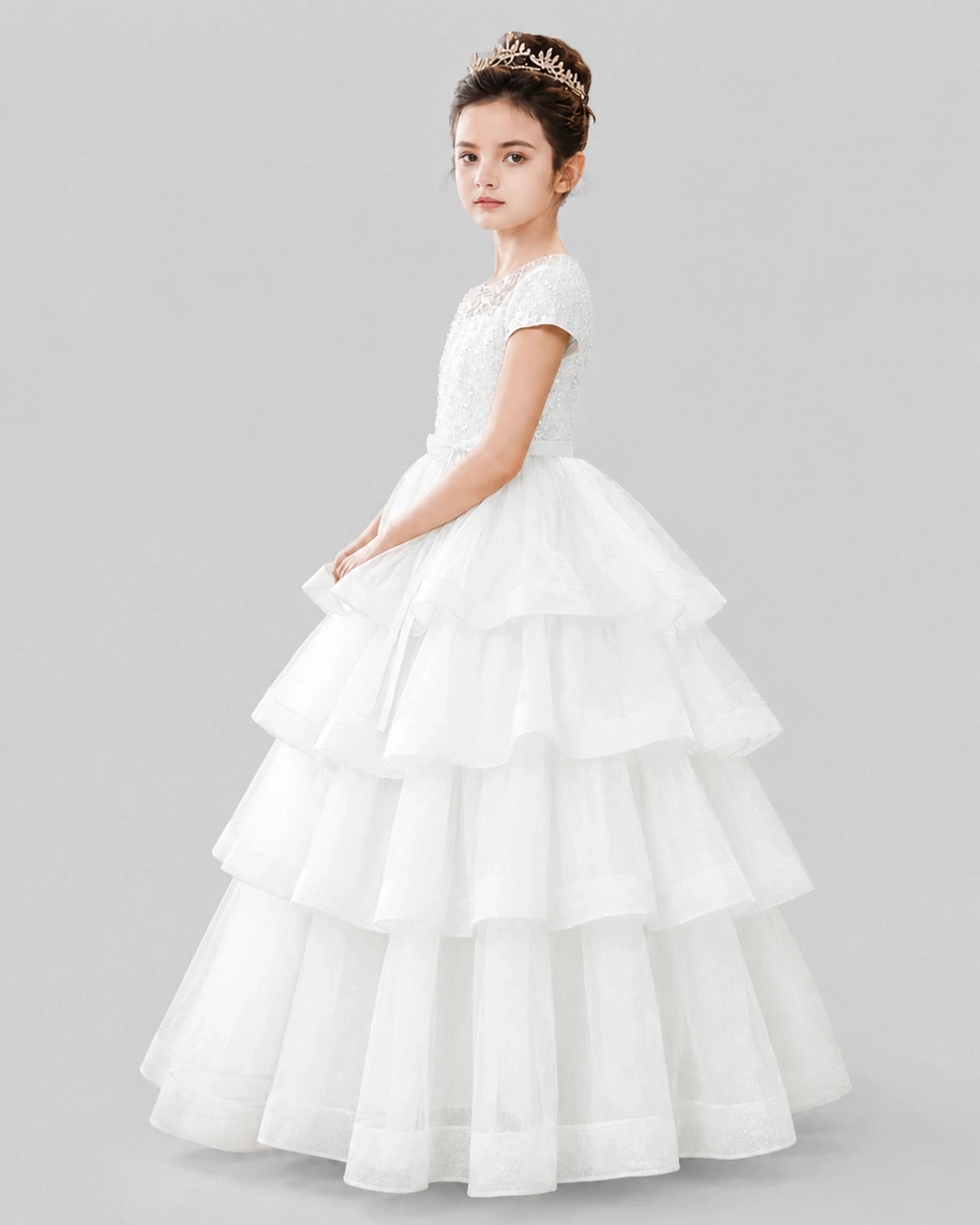 Ivory Tulle Ball Gown Pageant Dress Side View