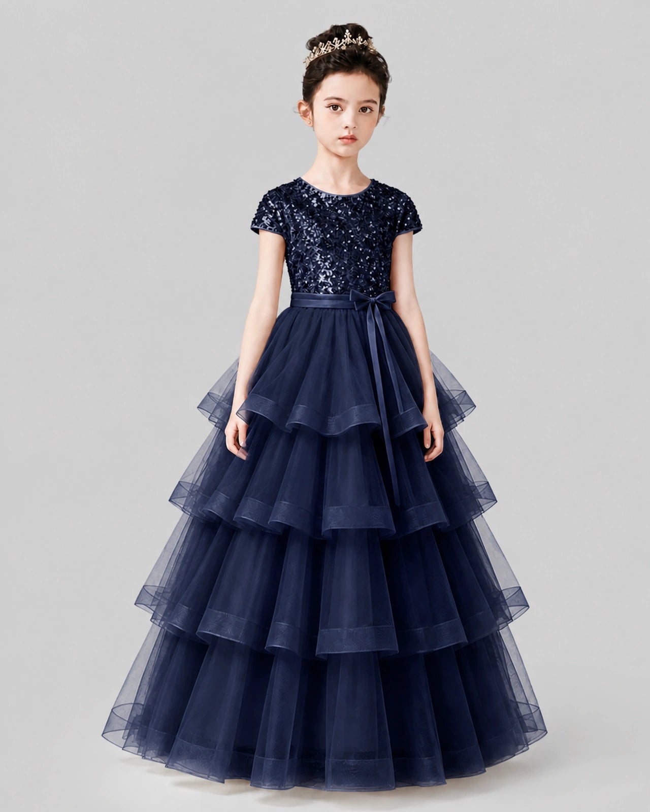 Navy Blue Tulle A-line Pageant Dress Front View