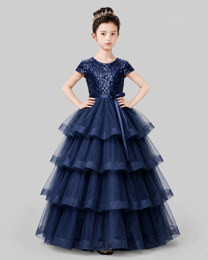 Navy Blue Tulle Ball Gown Pageant Dress Front View