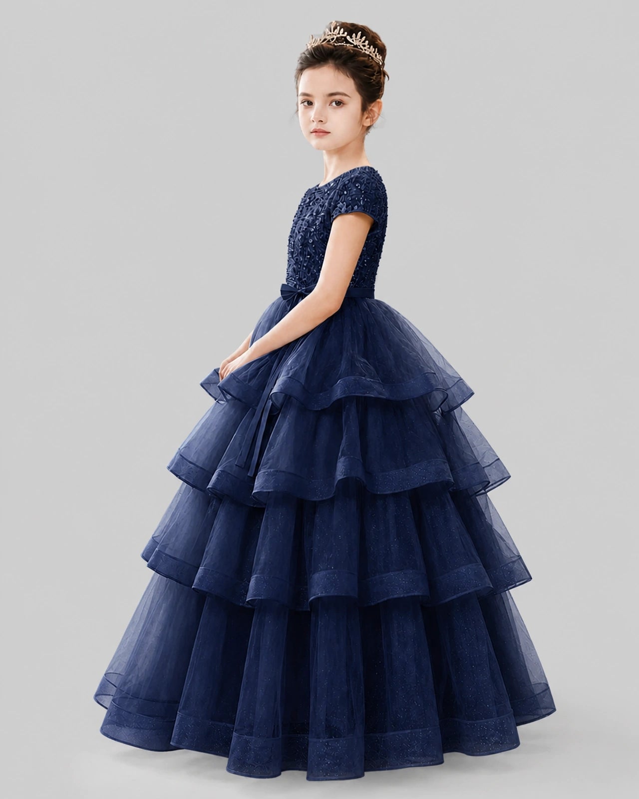 Navy Blue Tulle Ball Gown Pageant Dress Side View