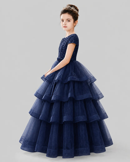 Navy Blue Tulle Ball Gown Pageant Dress Side View