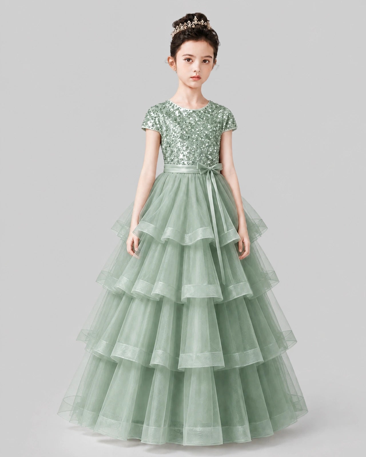 Sage Green Tulle A-line Pageant Dress Front View