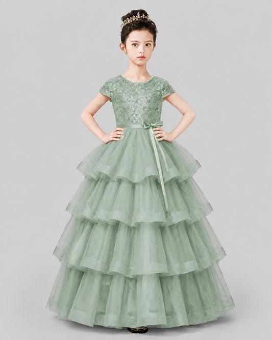 Sage Green Tulle Ball Gown Pageant Dress Front View