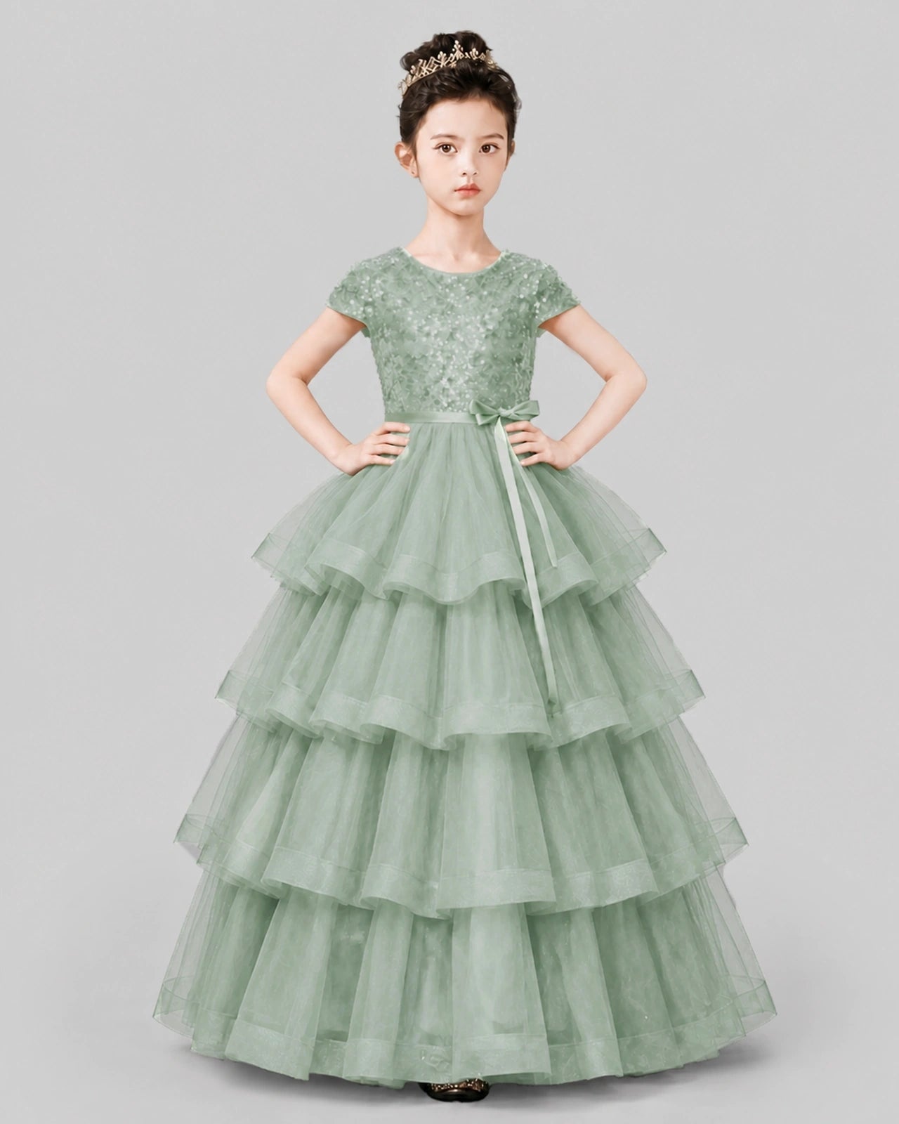 Sage Green Tulle Ball Gown Pageant Dress Front View