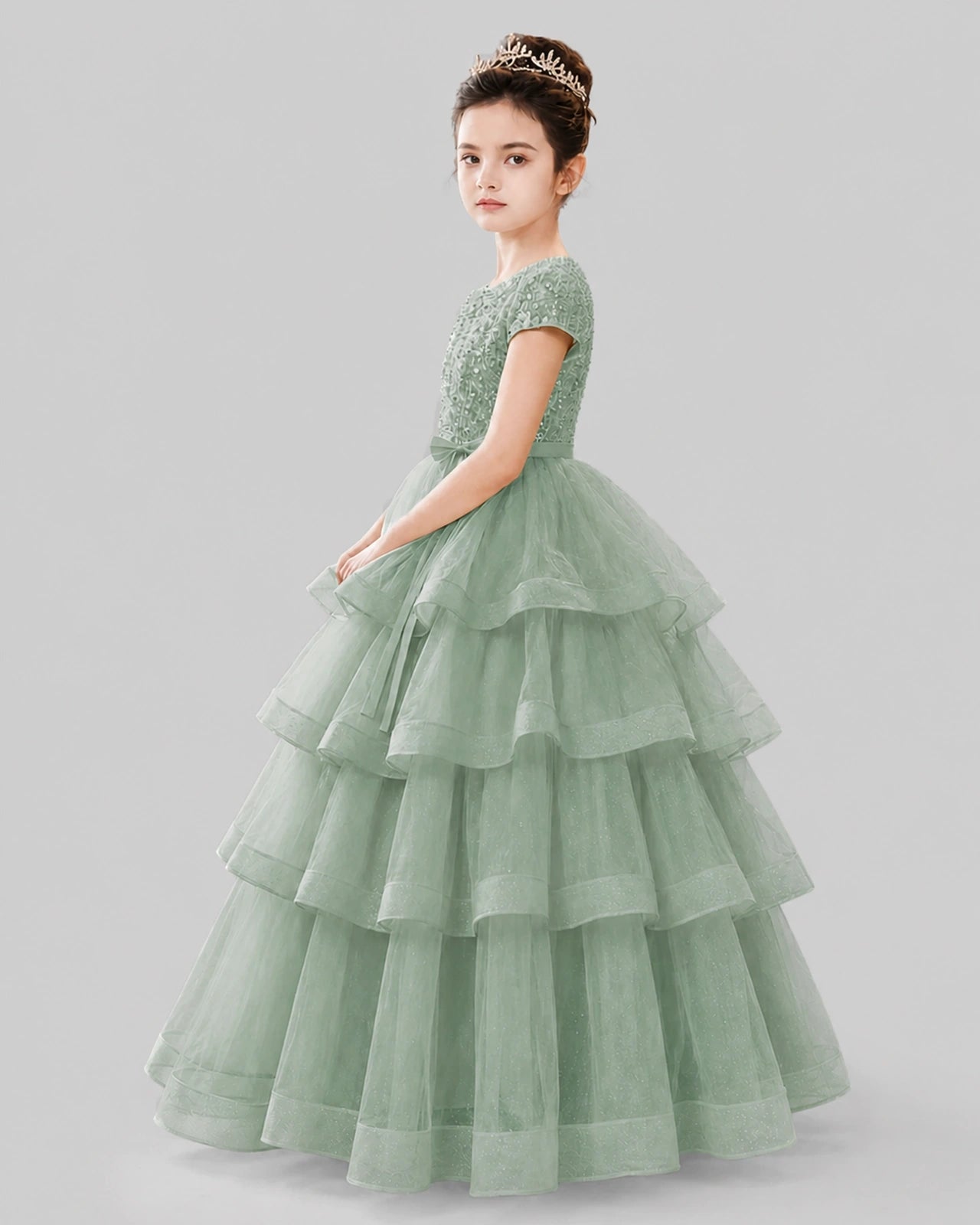 Sage Green Tulle Ball Gown Pageant Dress Side View