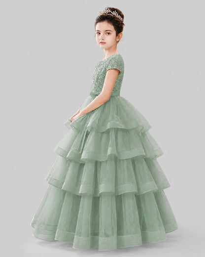 Sage Green Tulle Ball Gown Pageant Dress Side View