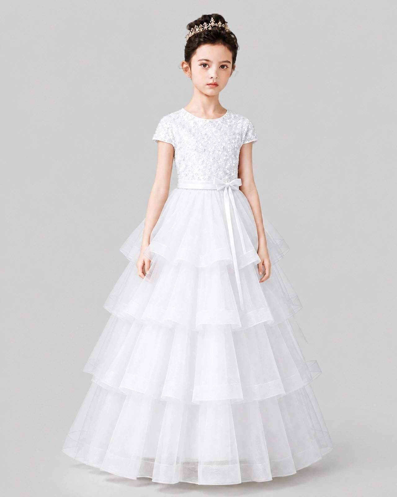 White Tulle Ball Gown Pageant Dress Front View
