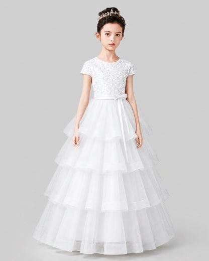 White Tulle Ball Gown Pageant Dress Front View