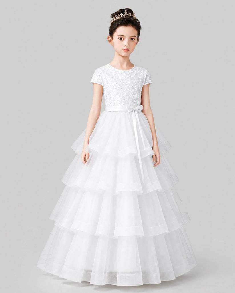 White Tulle Ball Gown Pageant Dress Front View