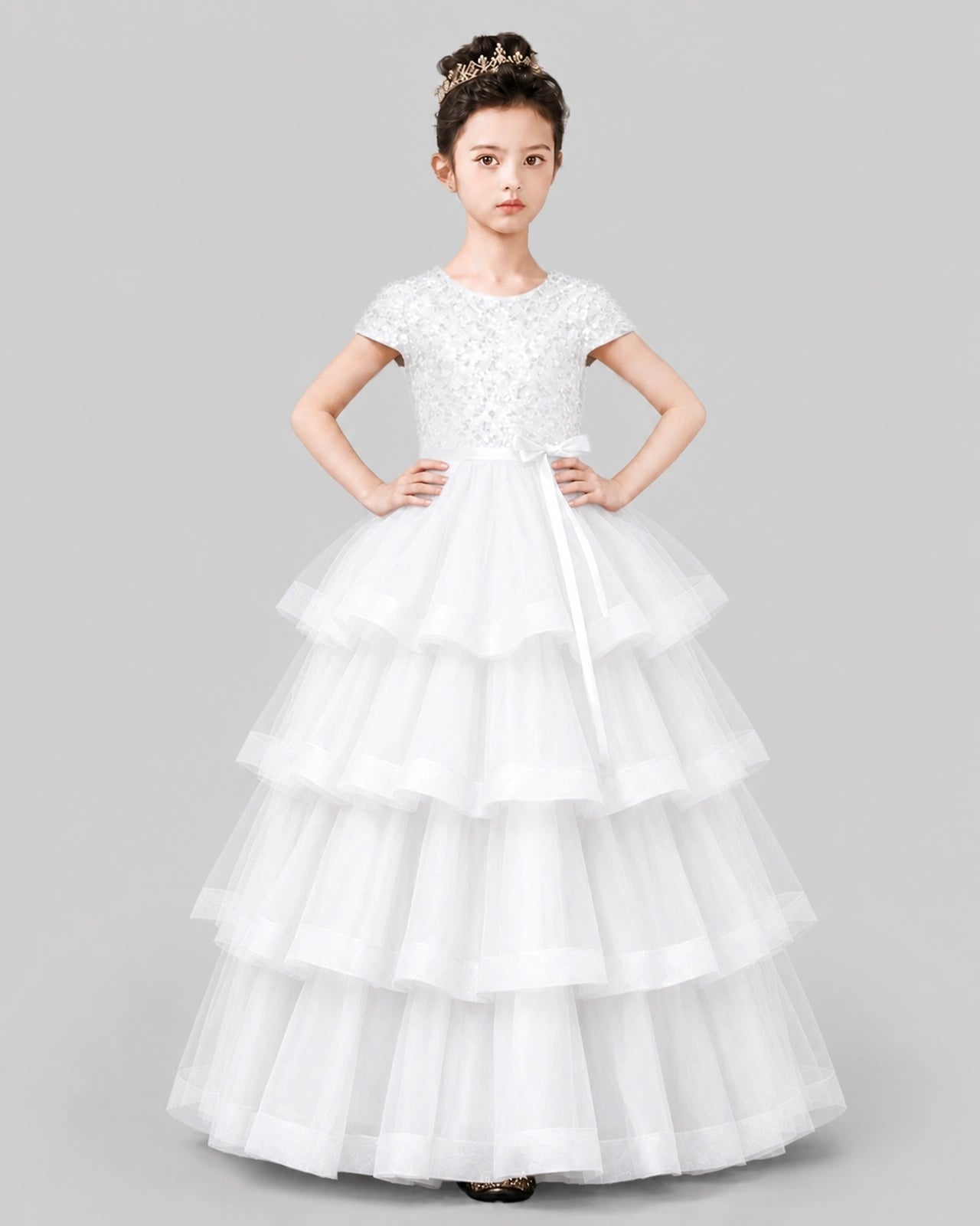 White Tulle Ball Gown Pageant Dress Front View