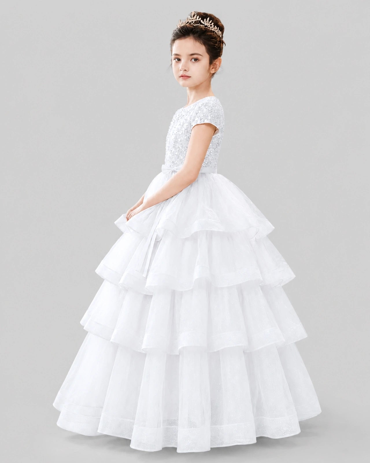 White Tulle Ball Gown Pageant Dress Side View