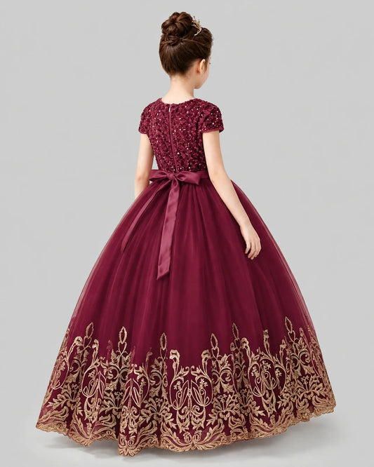 Burgundy Tulle Ball Gown Pageant Dress Back View