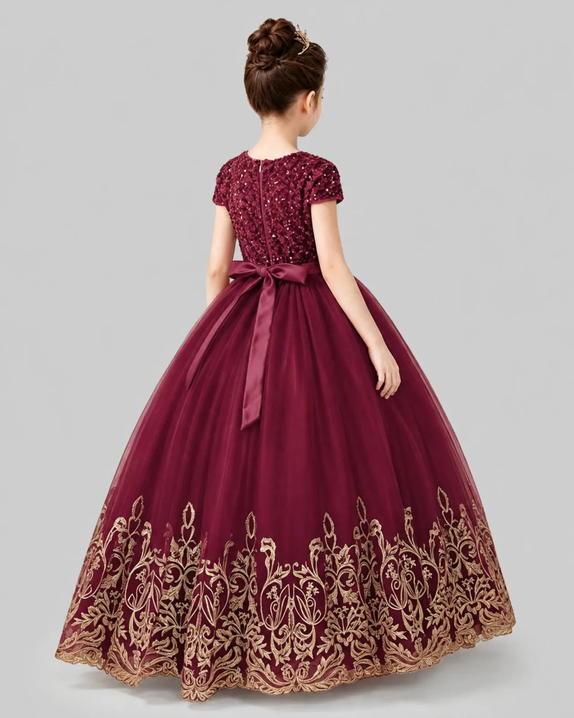 Burgundy Tulle Ball Gown Pageant Dress Back View
