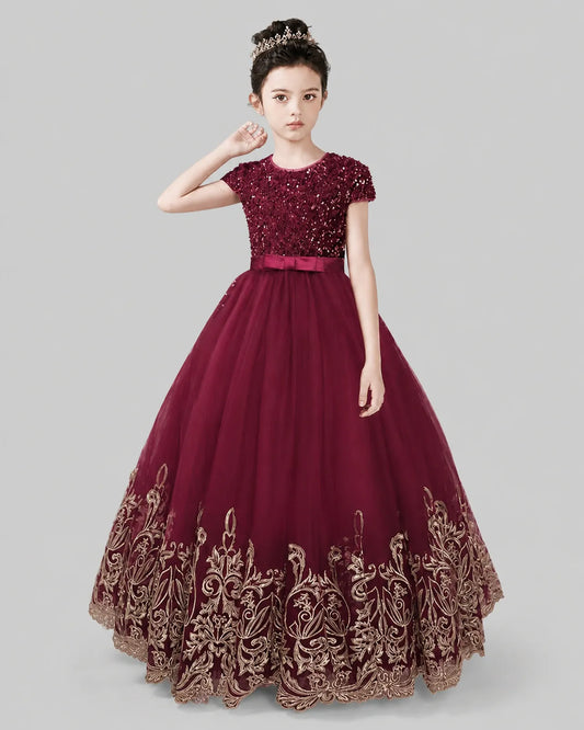 Burgundy Tulle Ball Gown Pageant Dress Front View
