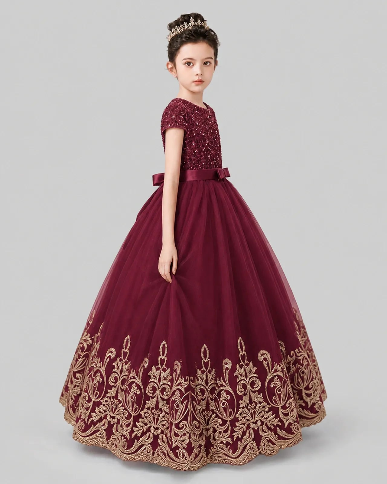 Burgundy Tulle Ball Gown Pageant Dress Side View