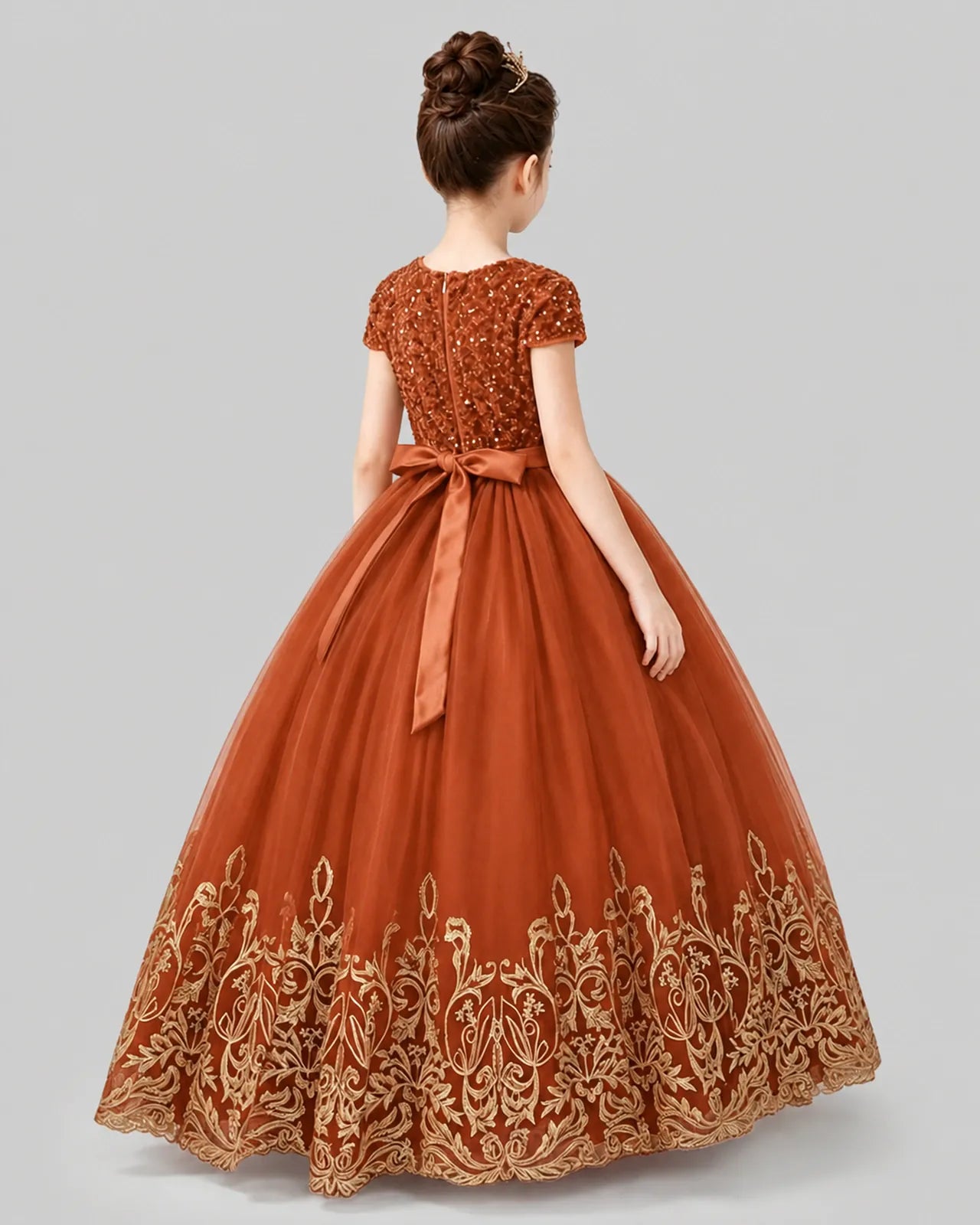 Burnt Orange Tulle Ball Gown Pageant Dress Back View