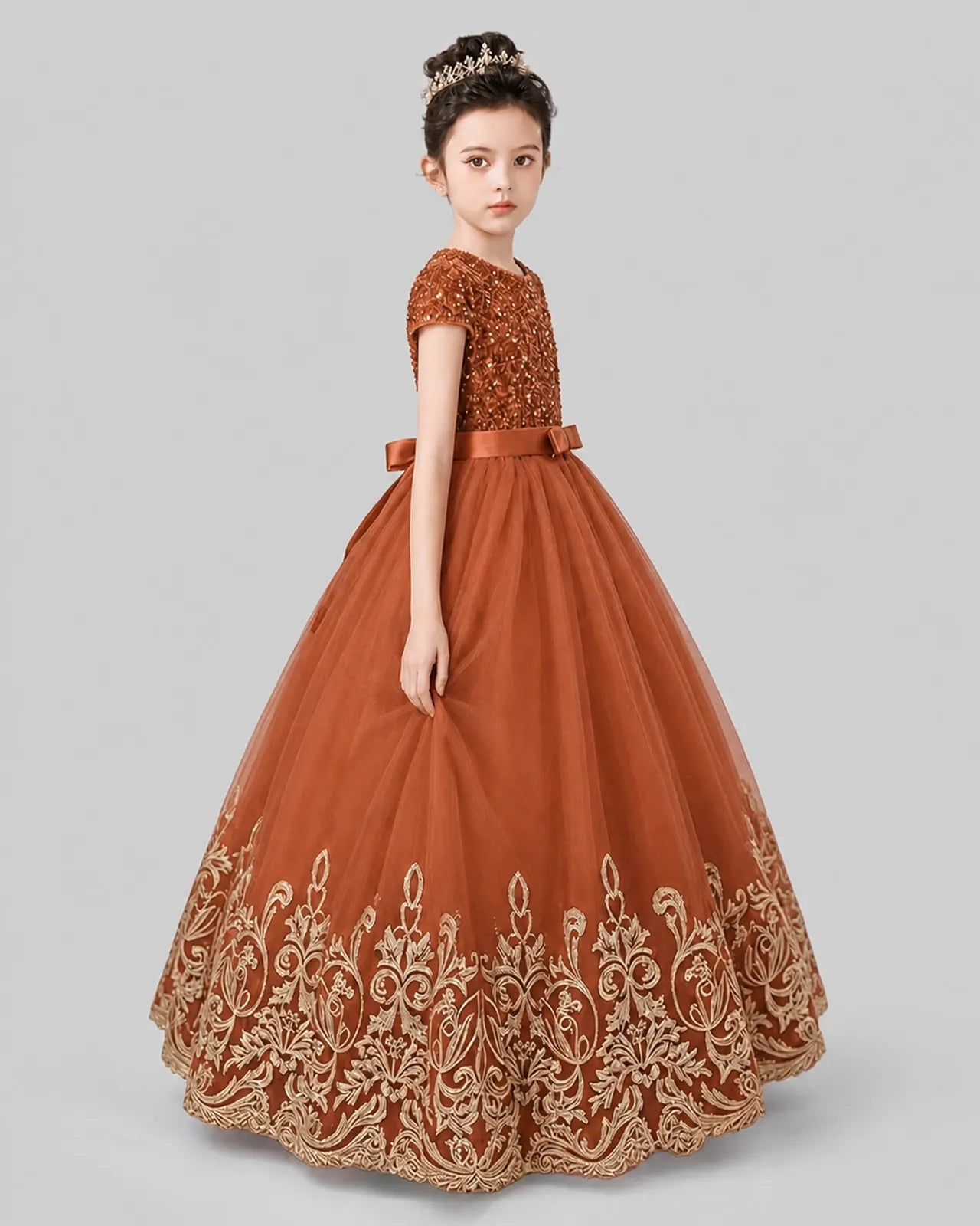 Burnt Orange Tulle Ball Gown Pageant Dress Side View