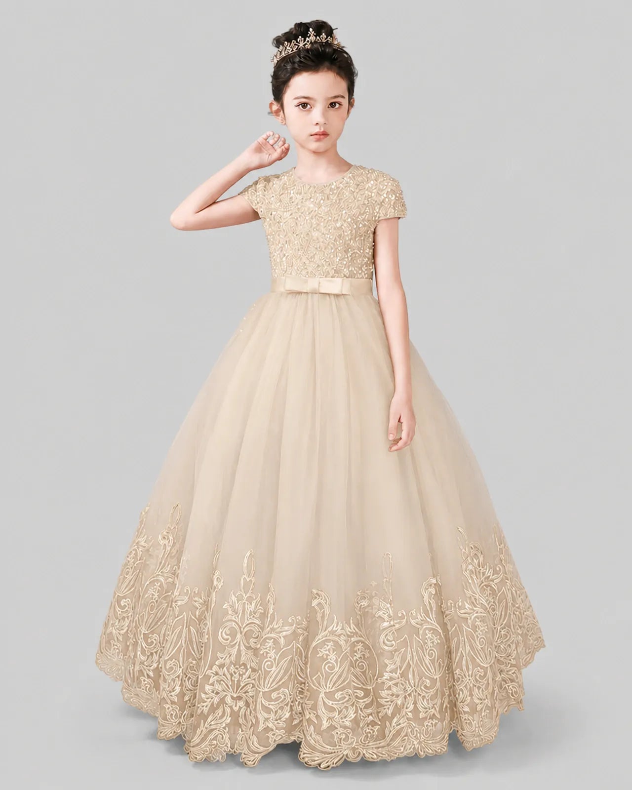 Champagne Tulle Ball Gown Pageant Dress Front View