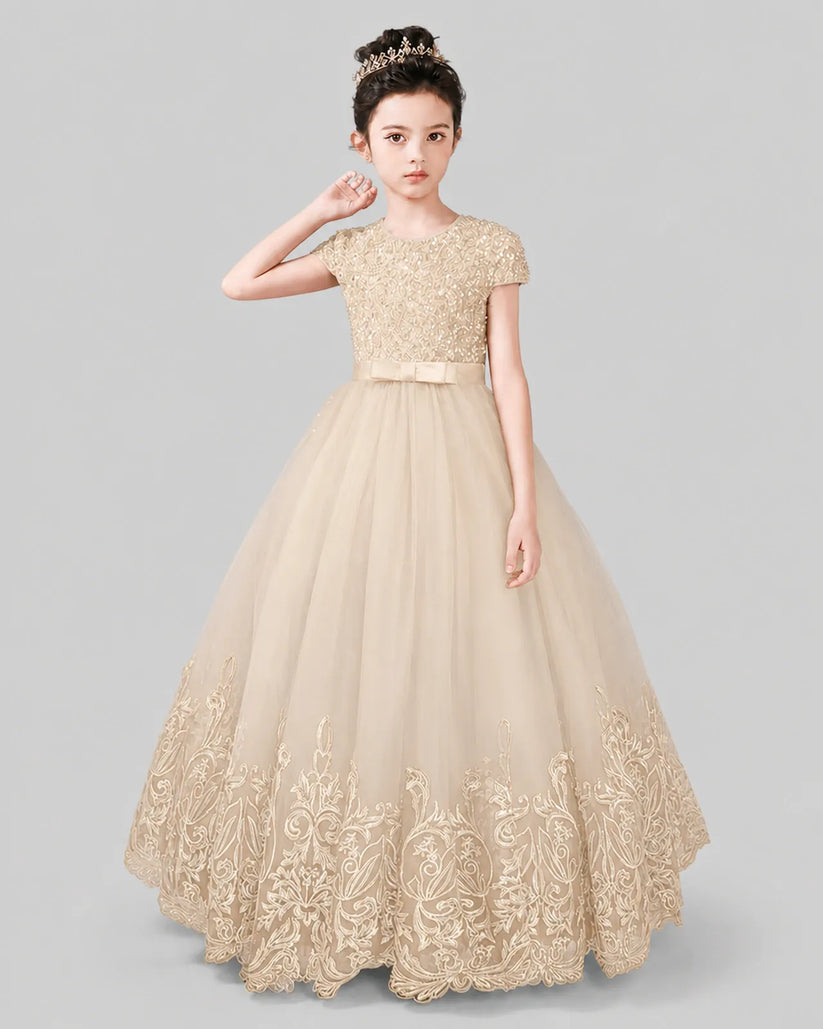 Champagne Tulle Ball Gown Pageant Dress Front View