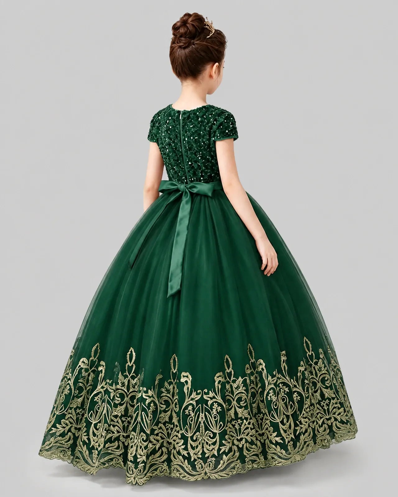Dark Green Tulle Ball Gown Pageant Dress Back View