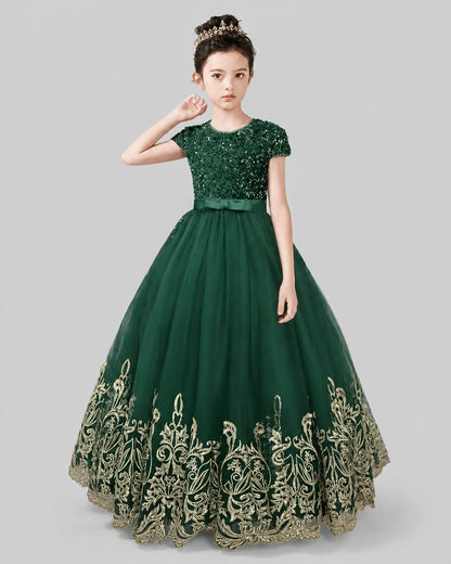 Dark Green Tulle Ball Gown Pageant Dress Front View