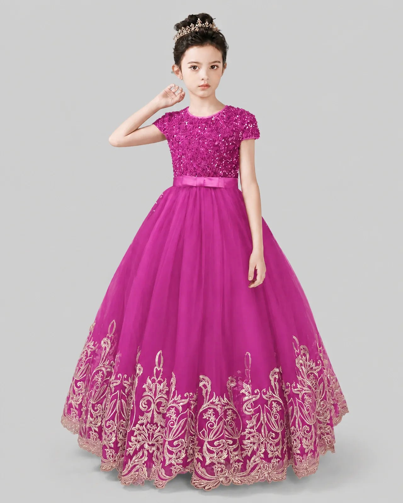 Hot Pink Tulle Ball Gown Pageant Dress Front View