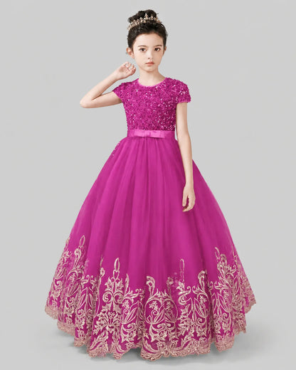 Hot Pink Tulle Ball Gown Pageant Dress Front View