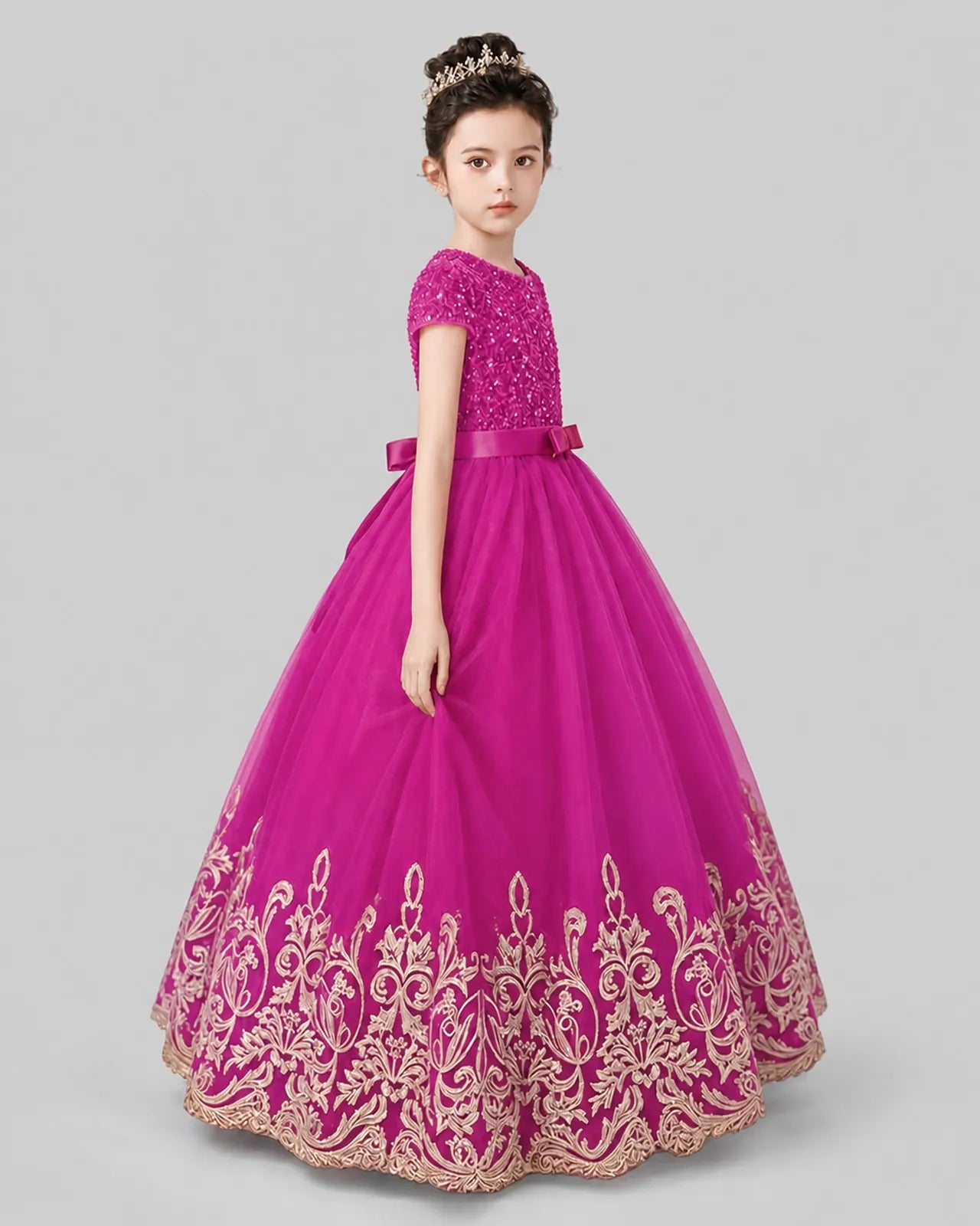 Hot Pink Tulle Ball Gown Pageant Dress Side View