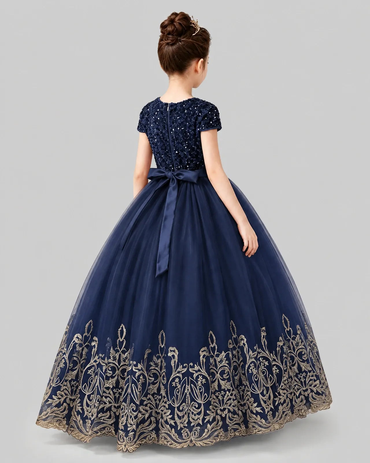 Navy Blue Tulle Ball Gown Pageant Dress Back View