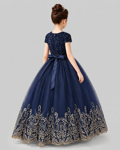Navy Blue Tulle Ball Gown Pageant Dress Back View