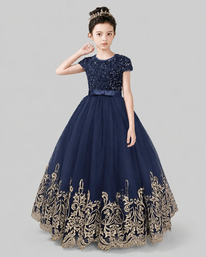 Navy Blue Tulle Ball Gown Pageant Dress Front View