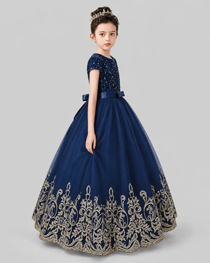 Navy Blue Tulle Ball Gown Pageant Dress Side View