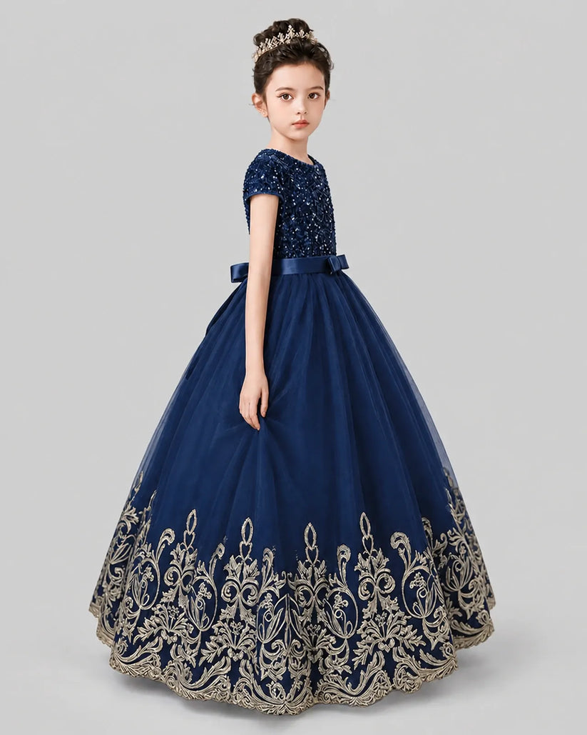 Navy Blue Tulle Ball Gown Pageant Dress Side View