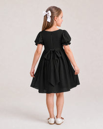 Dideyttawl Sage Green Chiffon Puff Sleeve Knee Length Flower Girl Dress Bow Back Junior Bridesmaid Dress