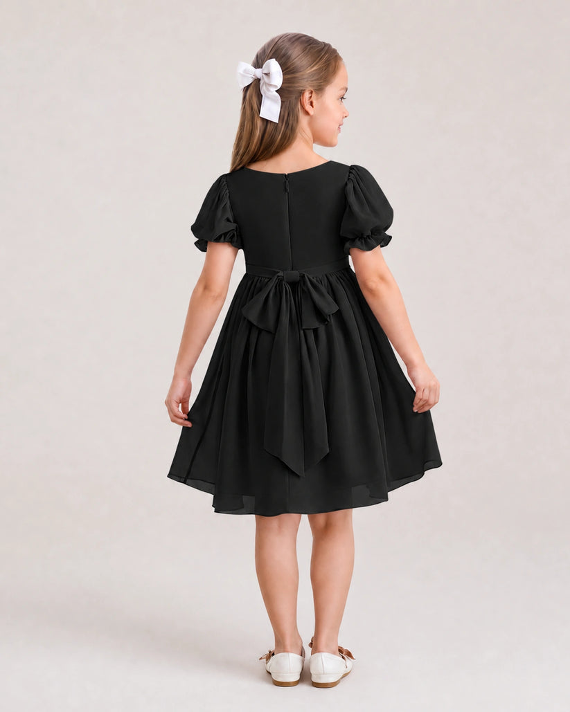 Black Chiffon A-line Flower Girl Dress Back View
