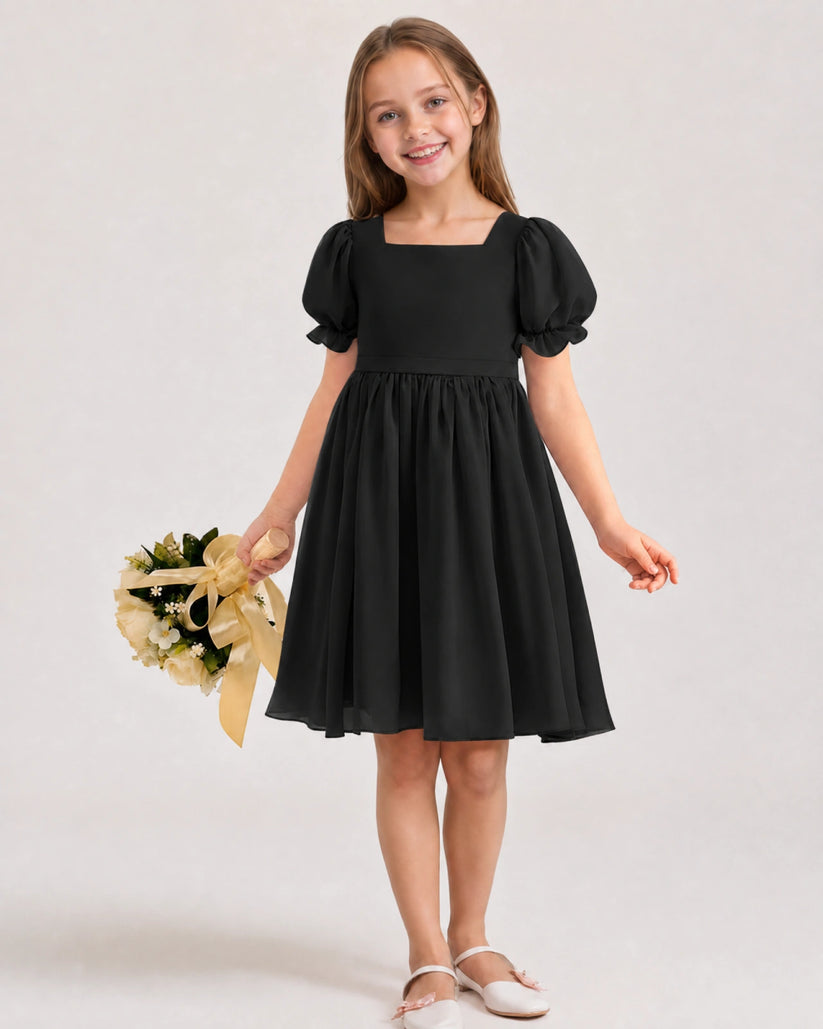 Black Chiffon A-line Flower Girl Dress Front View