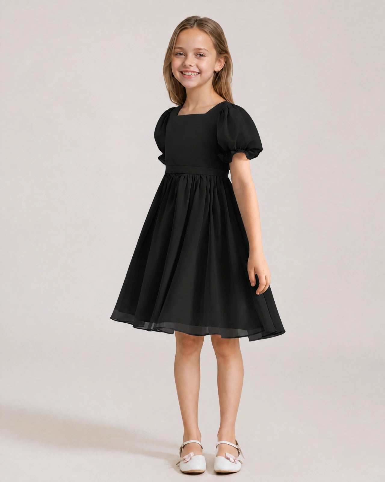 Dideyttawl Sage Green Chiffon Puff Sleeve Knee Length Flower Girl Dress Bow Back Junior Bridesmaid Dress